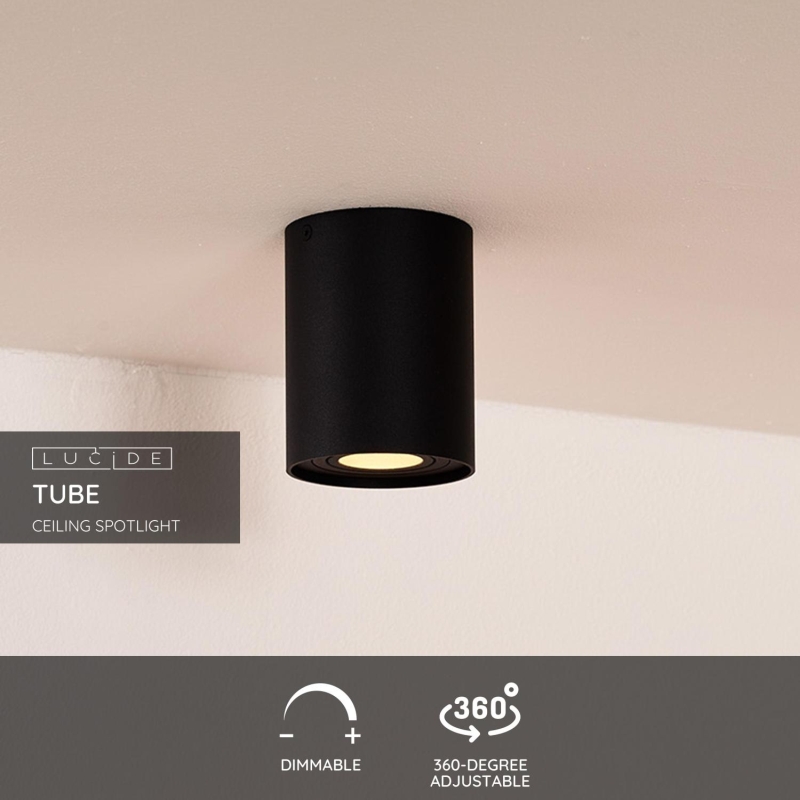 Lucide TUBE - Stropné bodové svietidlo - Ø 9,6 cm - 1xGU10 - Čierny